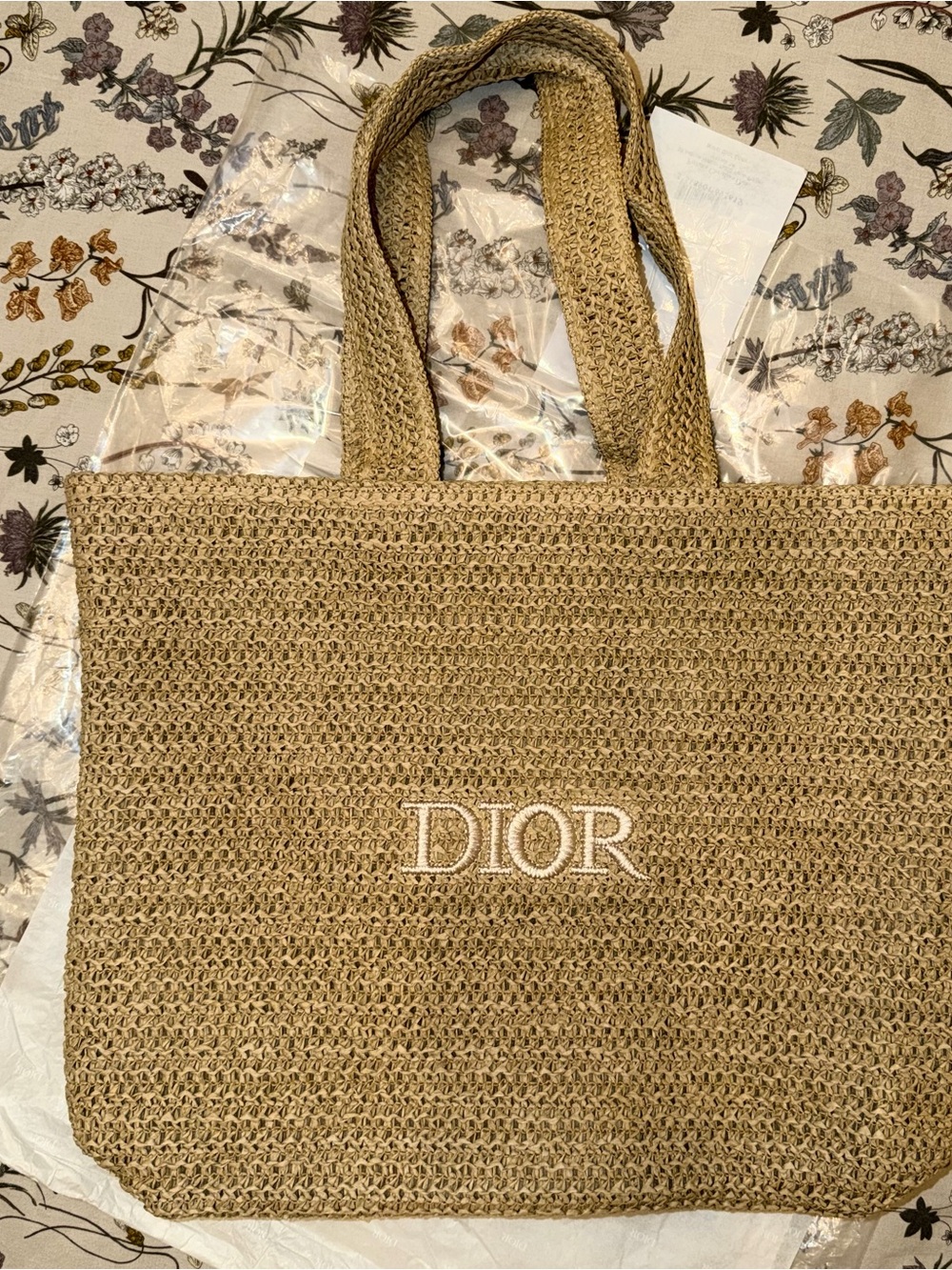 Dior Natural Beige Woven Tote with Embroidered Logo